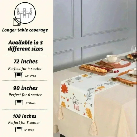 Table Runner 72”L Tassels Fall Decor 100% Cotton Colorful Leaves Beautiful NEW - Picture 7 of 13